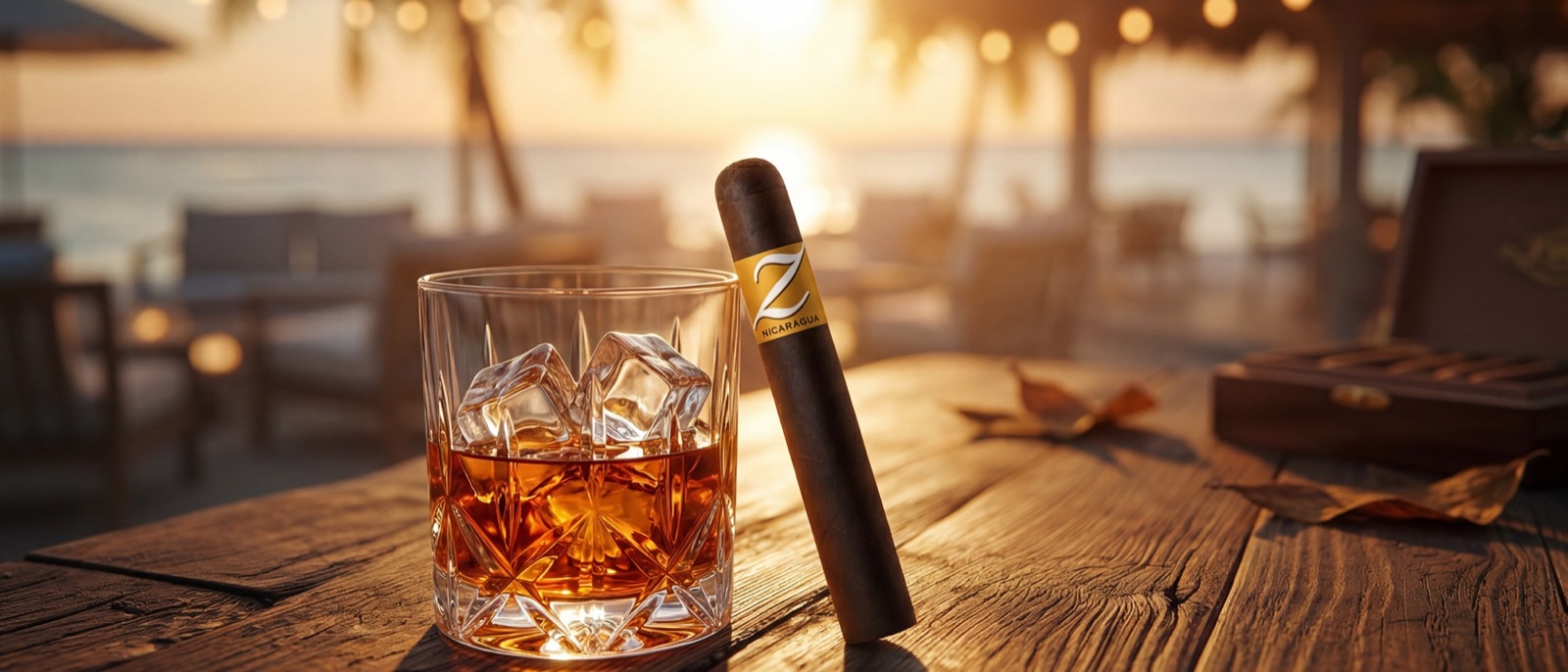 Zino Nicaragua Robusto neben einem Glas dunklem Rum auf einem Holztisch im Sonnenuntergang